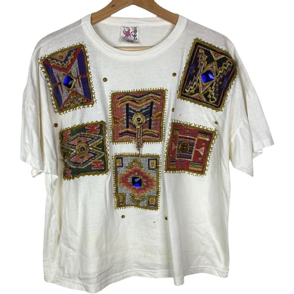 Vintage 90s EZL Tee Shirt Marcy & Me Southwestern Glitter 3D Paint Embellished